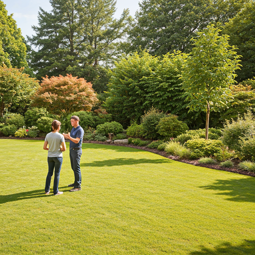 Professional landscaper reviewing a proposal with a property manager outside a commercial building